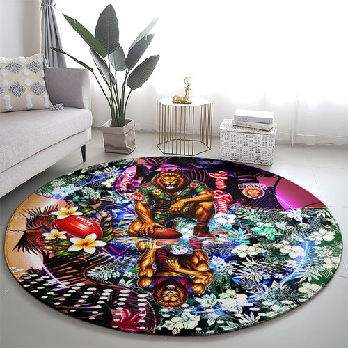 Personalized Brisbane Lions Football Round Carpet Tropical Hibiscus Flowers - Pacific Fusion Style