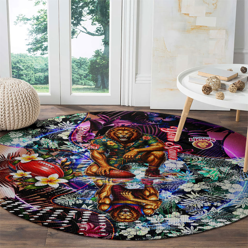 Personalized Brisbane Lions Football Round Carpet Tropical Hibiscus Flowers - Pacific Fusion Style