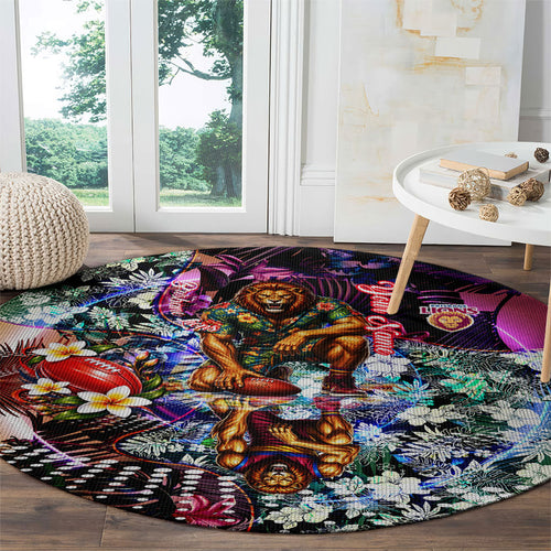 Personalized Brisbane Lions Football Round Carpet Tropical Hibiscus Flowers - Pacific Fusion Style