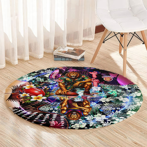 Personalized Brisbane Lions Football Round Carpet Tropical Hibiscus Flowers - Pacific Fusion Style
