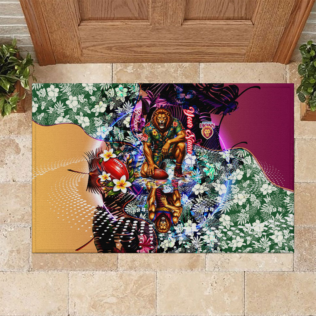 Personalized Brisbane Lions Football Rubber Doormat Tropical Hibiscus Flowers - Pacific Fusion Style