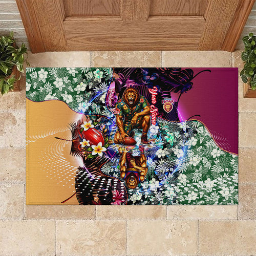 Personalized Brisbane Lions Football Rubber Doormat Tropical Hibiscus Flowers - Pacific Fusion Style