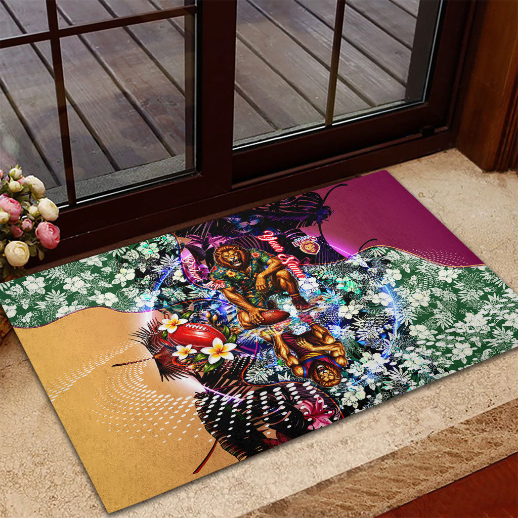 Personalized Brisbane Lions Football Rubber Doormat Tropical Hibiscus Flowers - Pacific Fusion Style
