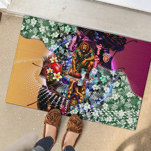 Personalized Brisbane Lions Football Rubber Doormat Tropical Hibiscus Flowers - Pacific Fusion Style