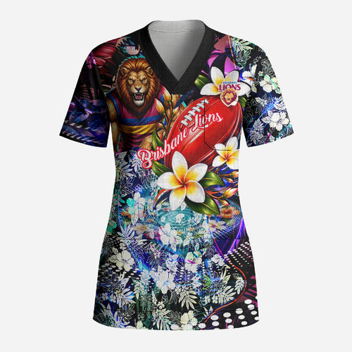 Personalized Brisbane Lions Football Scrub Top Tropical Hibiscus Flowers - Pacific Fusion Style