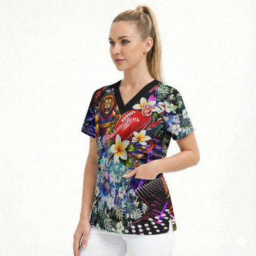 Personalized Brisbane Lions Football Scrub Top Tropical Hibiscus Flowers - Pacific Fusion Style
