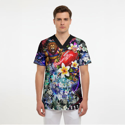 Personalized Brisbane Lions Football Scrub Top Tropical Hibiscus Flowers - Pacific Fusion Style