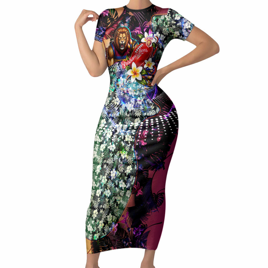Personalized Brisbane Lions Football Short Sleeve Bodycon Dress Tropical Hibiscus Flowers - Pacific Fusion Style