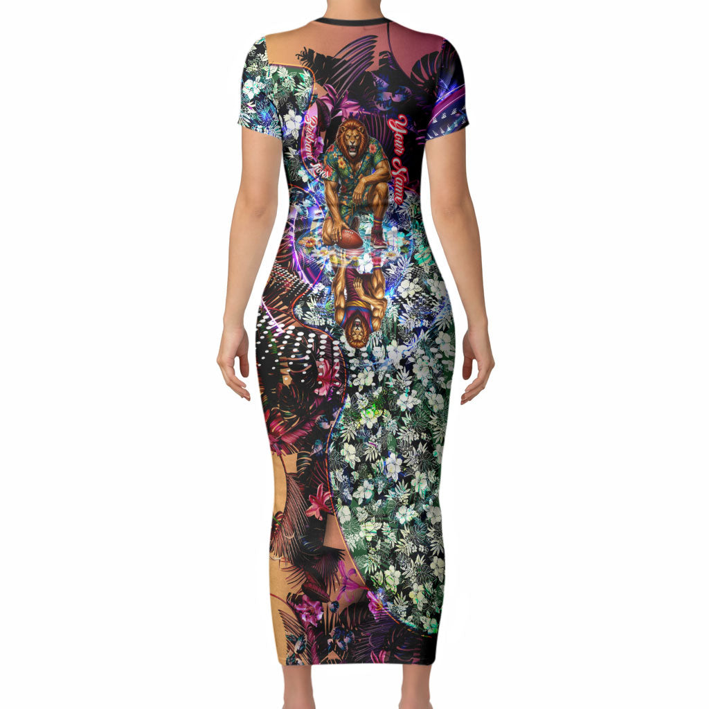 Personalized Brisbane Lions Football Short Sleeve Bodycon Dress Tropical Hibiscus Flowers - Pacific Fusion Style