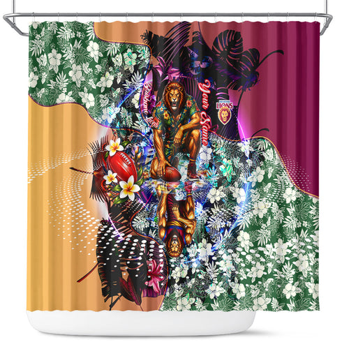 Personalized Brisbane Lions Football Shower Curtain Tropical Hibiscus Flowers - Pacific Fusion Style
