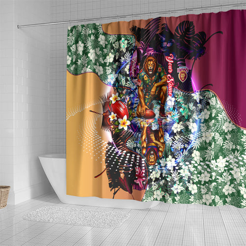 Personalized Brisbane Lions Football Shower Curtain Tropical Hibiscus Flowers - Pacific Fusion Style