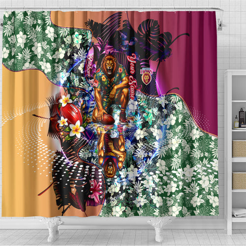 Personalized Brisbane Lions Football Shower Curtain Tropical Hibiscus Flowers - Pacific Fusion Style