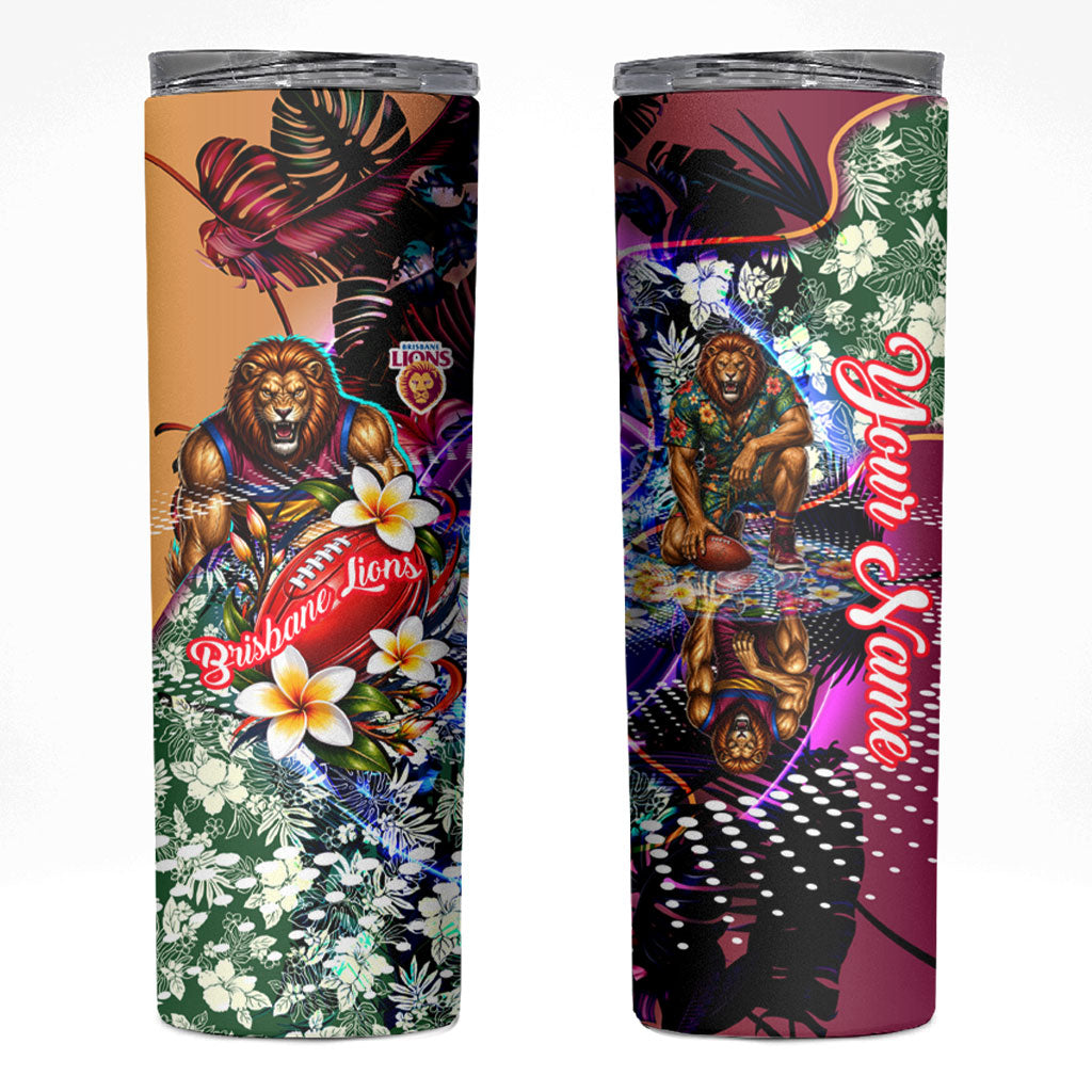 Personalized Brisbane Lions Football Skinny Tumbler Tropical Hibiscus Flowers - Pacific Fusion Style