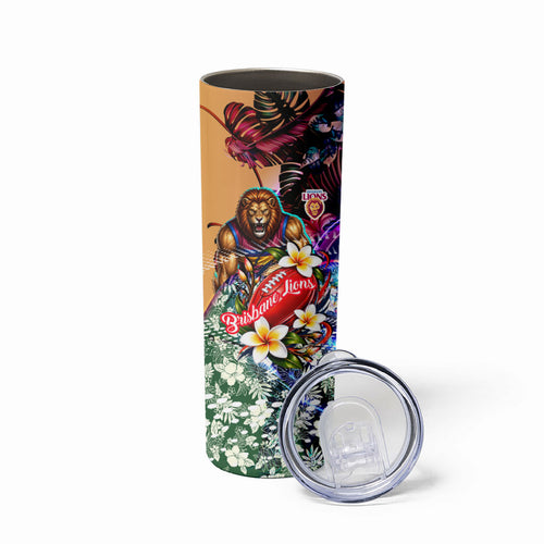 Personalized Brisbane Lions Football Skinny Tumbler Tropical Hibiscus Flowers - Pacific Fusion Style