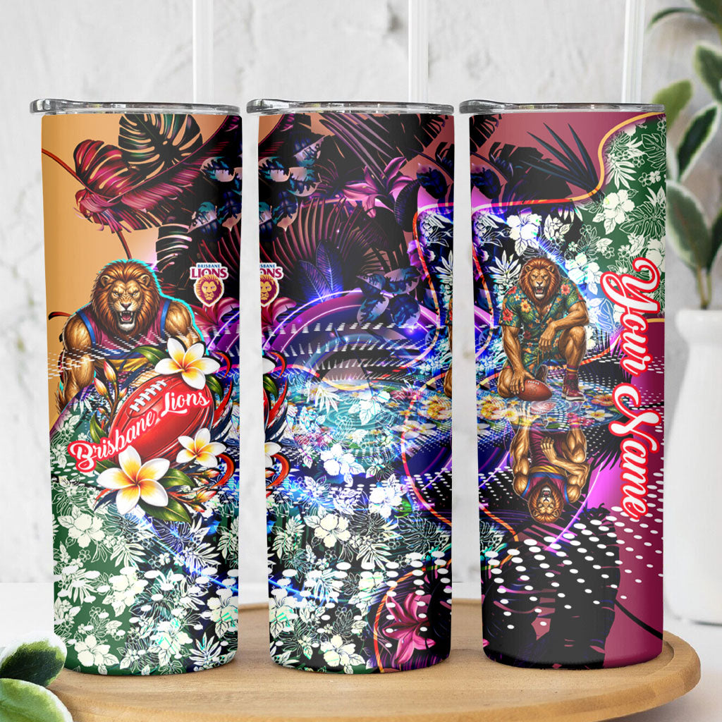 Personalized Brisbane Lions Football Skinny Tumbler Tropical Hibiscus Flowers - Pacific Fusion Style