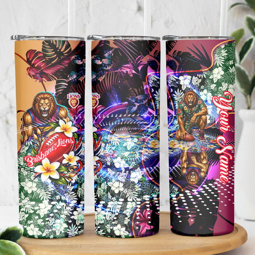 Personalized Brisbane Lions Football Skinny Tumbler Tropical Hibiscus Flowers - Pacific Fusion Style