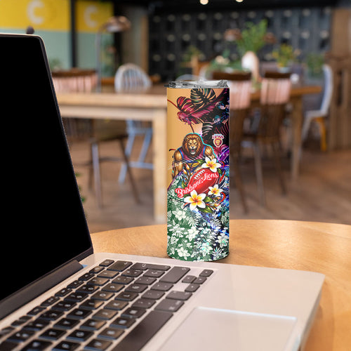 Personalized Brisbane Lions Football Skinny Tumbler Tropical Hibiscus Flowers - Pacific Fusion Style