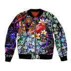 Personalized Brisbane Lions Football Sleeve Zip Bomber Jacket Tropical Hibiscus Flowers - Pacific Fusion Style
