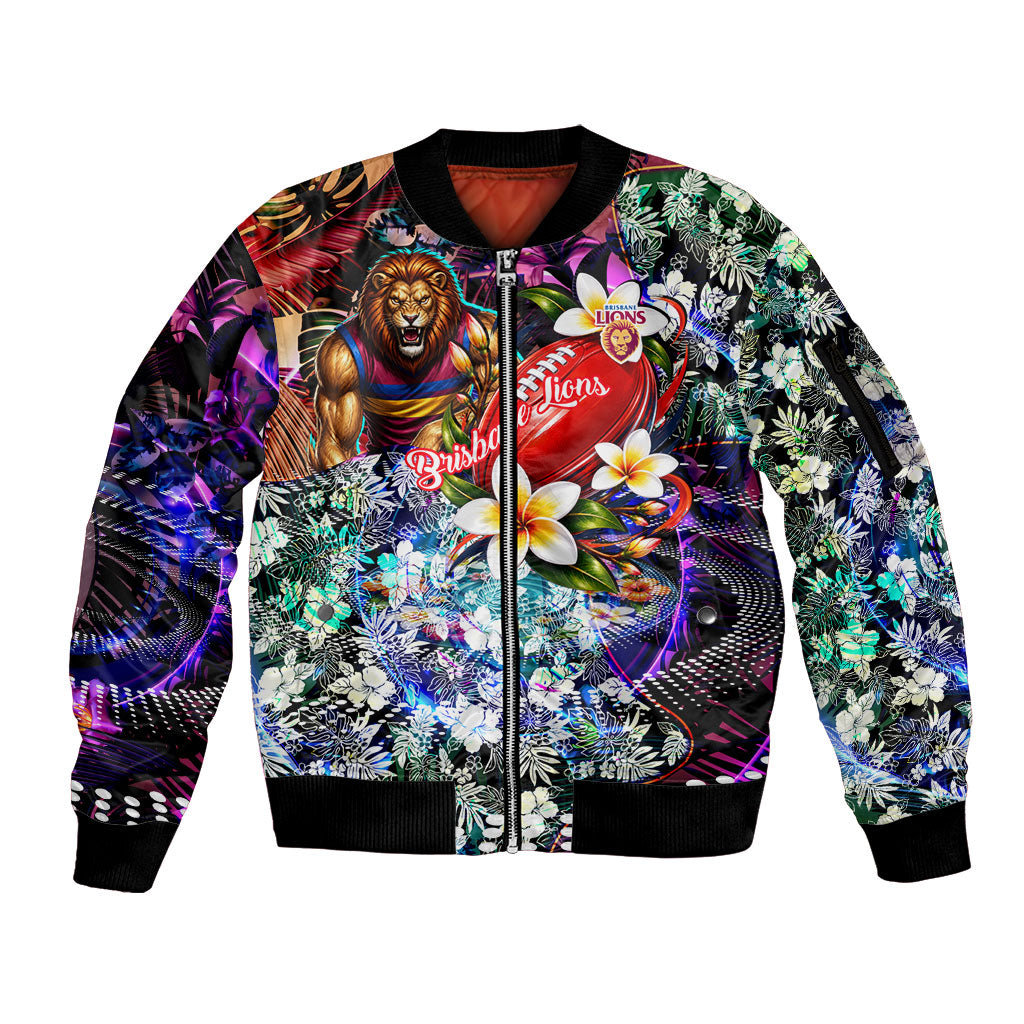 Personalized Brisbane Lions Football Sleeve Zip Bomber Jacket Tropical Hibiscus Flowers - Pacific Fusion Style