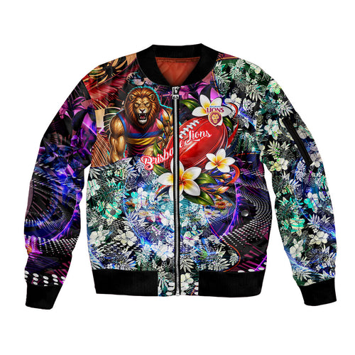 Personalized Brisbane Lions Football Sleeve Zip Bomber Jacket Tropical Hibiscus Flowers - Pacific Fusion Style