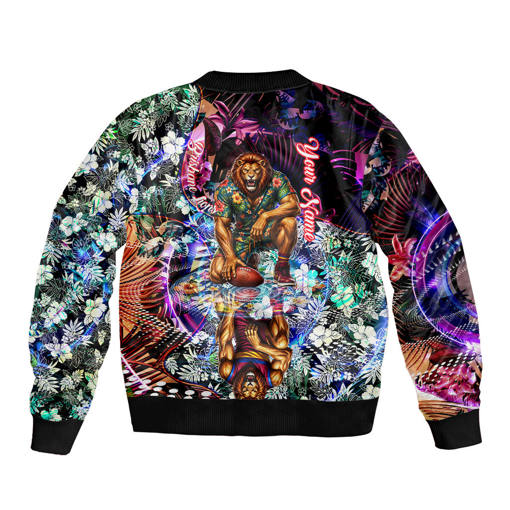 Personalized Brisbane Lions Football Sleeve Zip Bomber Jacket Tropical Hibiscus Flowers - Pacific Fusion Style