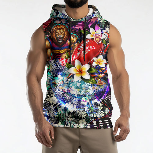 Personalized Brisbane Lions Football Sleeveless Hoodie Tropical Hibiscus Flowers - Pacific Fusion Style