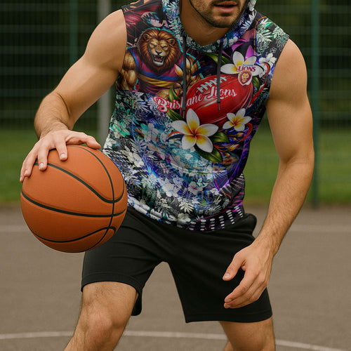 Personalized Brisbane Lions Football Sleeveless Hoodie Tropical Hibiscus Flowers - Pacific Fusion Style