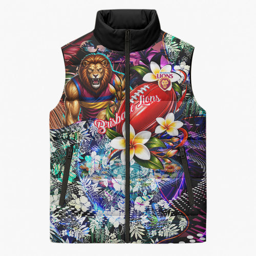 Personalized Brisbane Lions Football Sleeveless Puffer Jacket Tropical Hibiscus Flowers - Pacific Fusion Style
