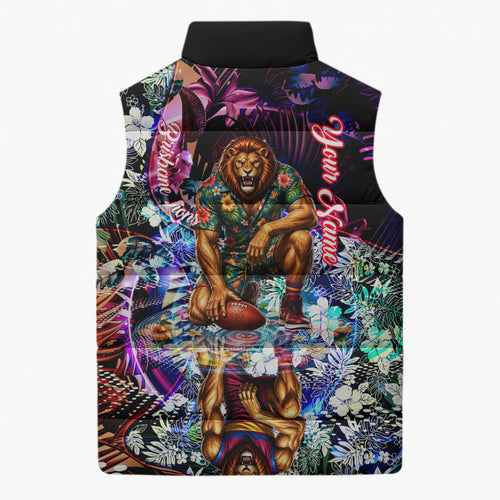 Personalized Brisbane Lions Football Sleeveless Puffer Jacket Tropical Hibiscus Flowers - Pacific Fusion Style