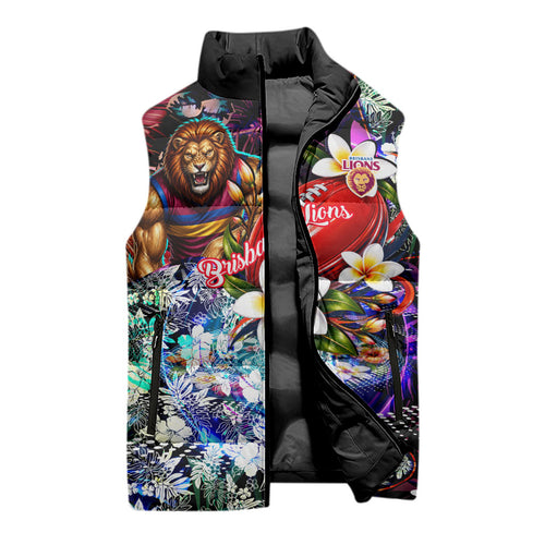 Personalized Brisbane Lions Football Sleeveless Puffer Jacket Tropical Hibiscus Flowers - Pacific Fusion Style