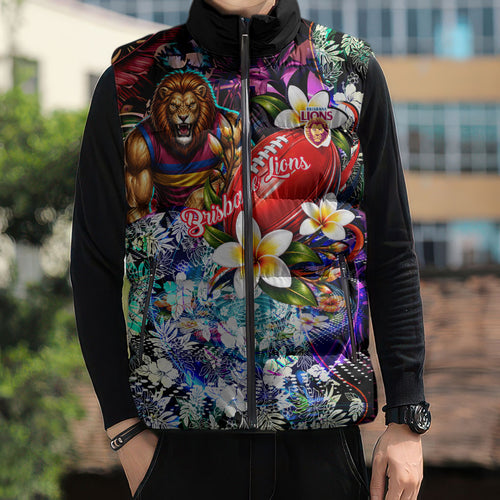 Personalized Brisbane Lions Football Sleeveless Puffer Jacket Tropical Hibiscus Flowers - Pacific Fusion Style