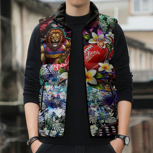 Personalized Brisbane Lions Football Sleeveless Puffer Jacket Tropical Hibiscus Flowers - Pacific Fusion Style