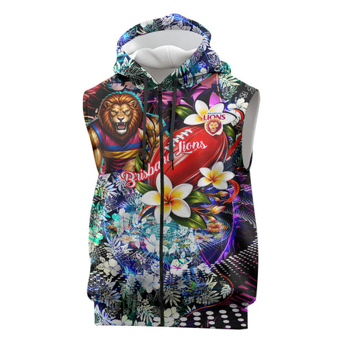 Personalized Brisbane Lions Football Sleeveless Zip Hoodie Tropical Hibiscus Flowers - Pacific Fusion Style