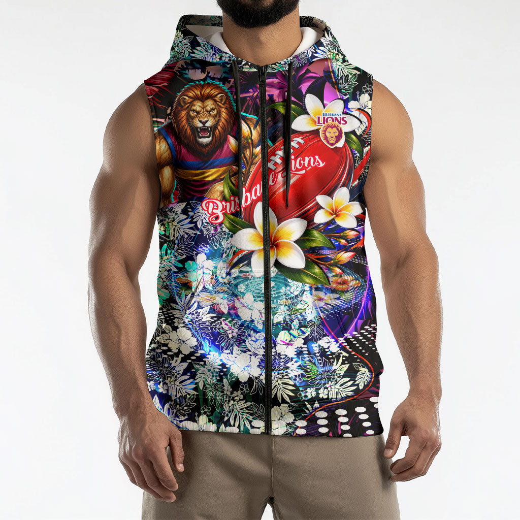 Personalized Brisbane Lions Football Sleeveless Zip Hoodie Tropical Hibiscus Flowers - Pacific Fusion Style