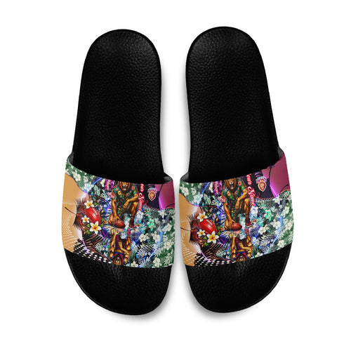 Personalized Brisbane Lions Football Slide Sandals Tropical Hibiscus Flowers - Pacific Fusion Style