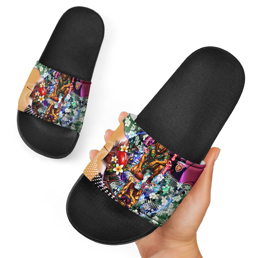 Personalized Brisbane Lions Football Slide Sandals Tropical Hibiscus Flowers - Pacific Fusion Style