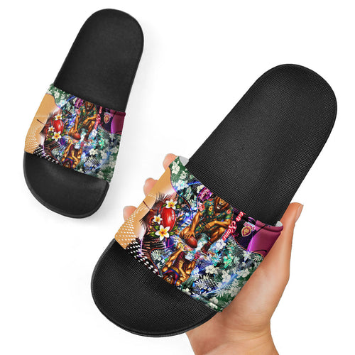Personalized Brisbane Lions Football Slide Sandals Tropical Hibiscus Flowers - Pacific Fusion Style