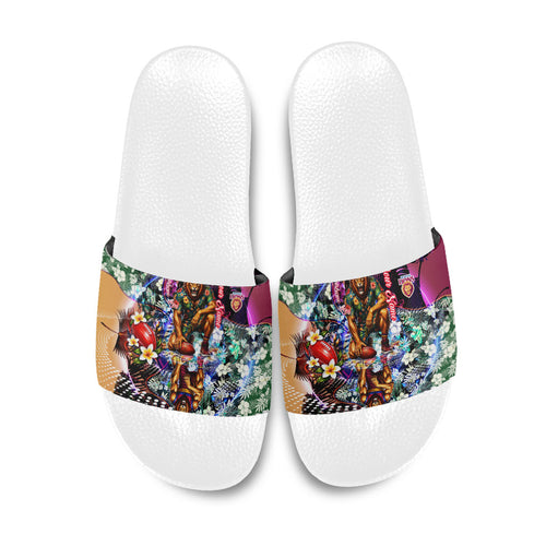 Personalized Brisbane Lions Football Slide Sandals Tropical Hibiscus Flowers - Pacific Fusion Style