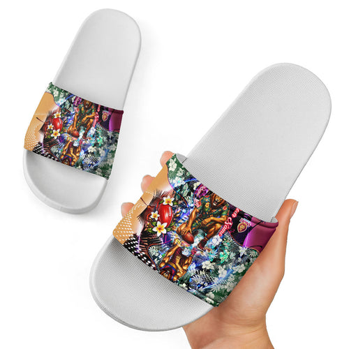 Personalized Brisbane Lions Football Slide Sandals Tropical Hibiscus Flowers - Pacific Fusion Style
