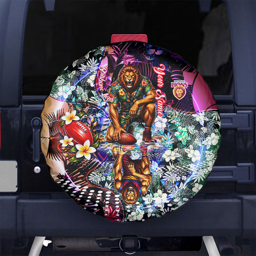 Personalized Brisbane Lions Football Spare Tire Cover Tropical Hibiscus Flowers - Pacific Fusion Style