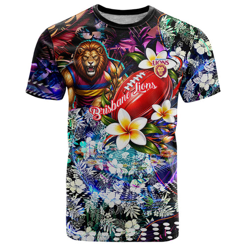 Personalized Brisbane Lions Football T Shirt Tropical Hibiscus Flowers - Pacific Fusion Style