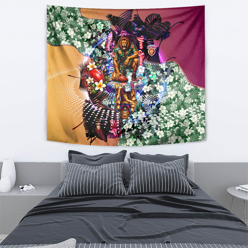 Personalized Brisbane Lions Football Tapestry Tropical Hibiscus Flowers - Pacific Fusion Style