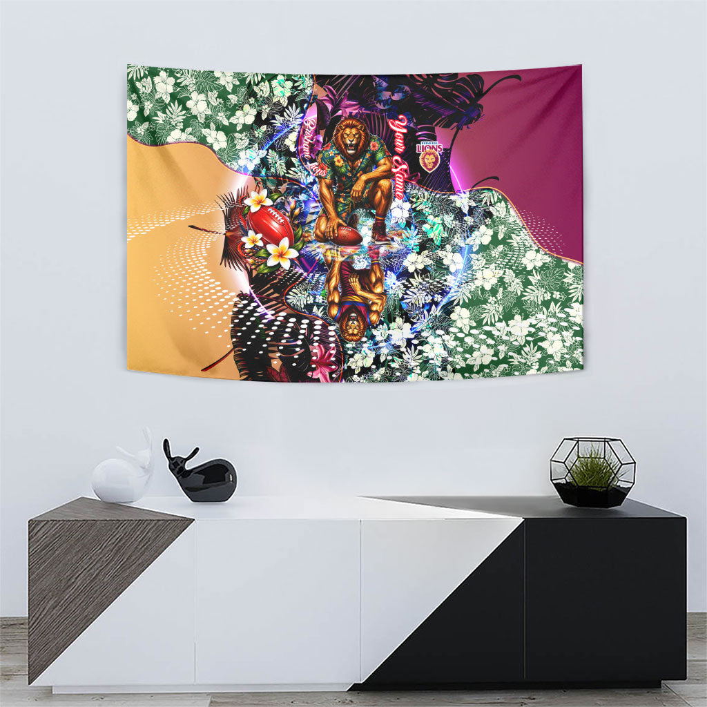 Personalized Brisbane Lions Football Tapestry Tropical Hibiscus Flowers - Pacific Fusion Style