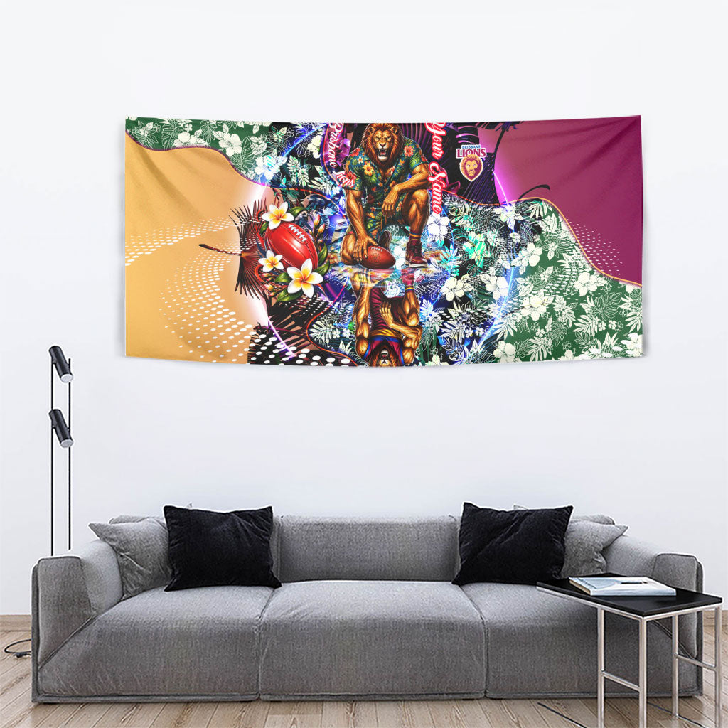 Personalized Brisbane Lions Football Tapestry Tropical Hibiscus Flowers - Pacific Fusion Style