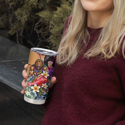 Personalized Brisbane Lions Football Tumbler Cup Tropical Hibiscus Flowers - Pacific Fusion Style