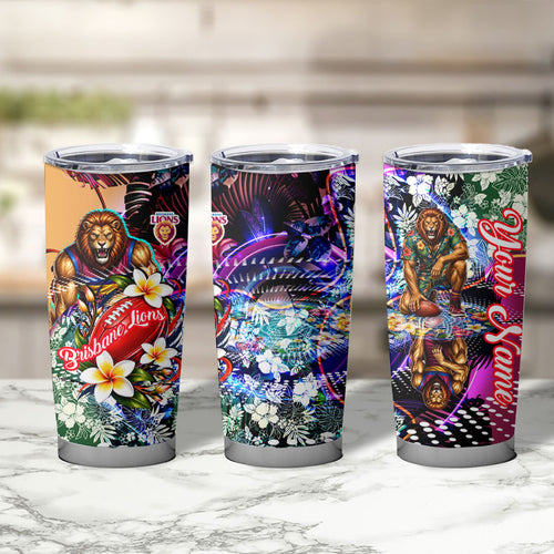 Personalized Brisbane Lions Football Tumbler Cup Tropical Hibiscus Flowers - Pacific Fusion Style