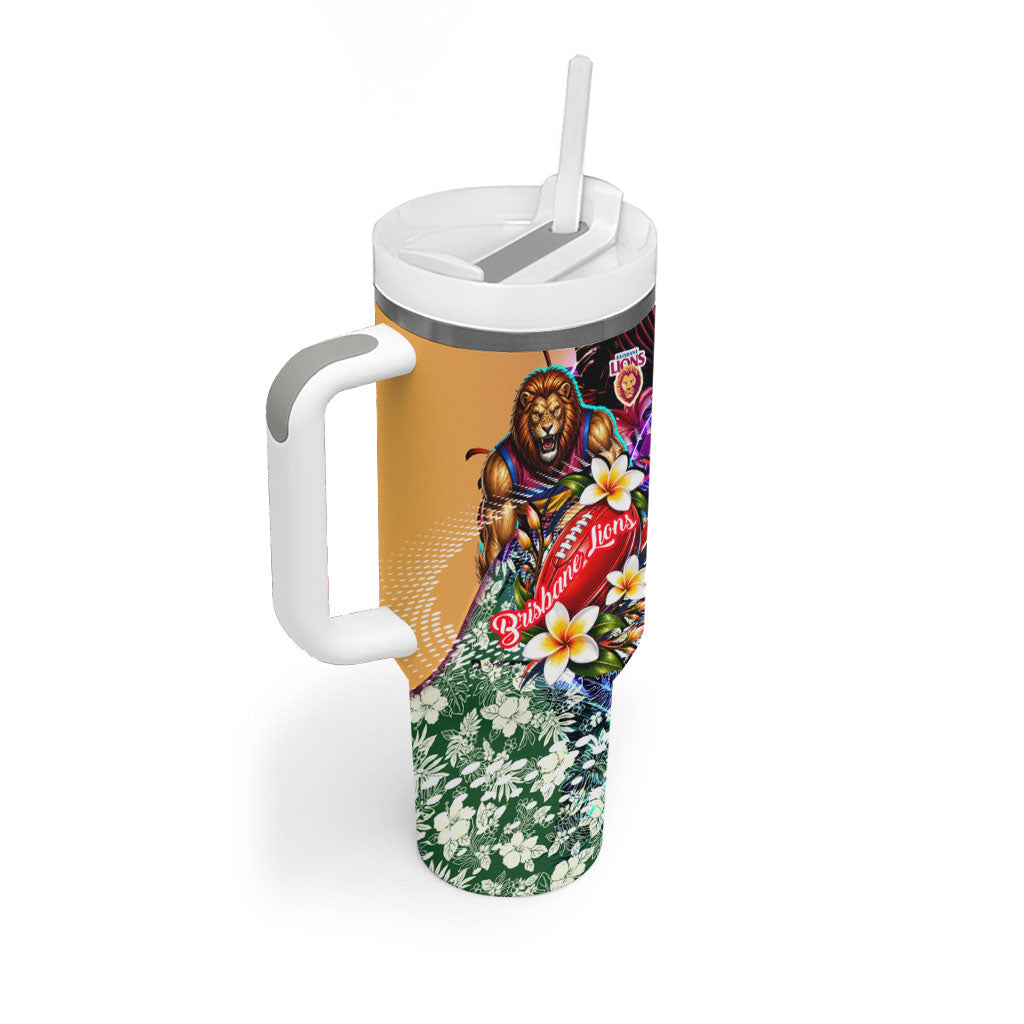 Personalized Brisbane Lions Football Tumbler With Handle Tropical Hibiscus Flowers - Pacific Fusion Style