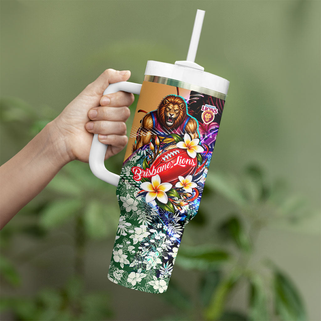 Personalized Brisbane Lions Football Tumbler With Handle Tropical Hibiscus Flowers - Pacific Fusion Style