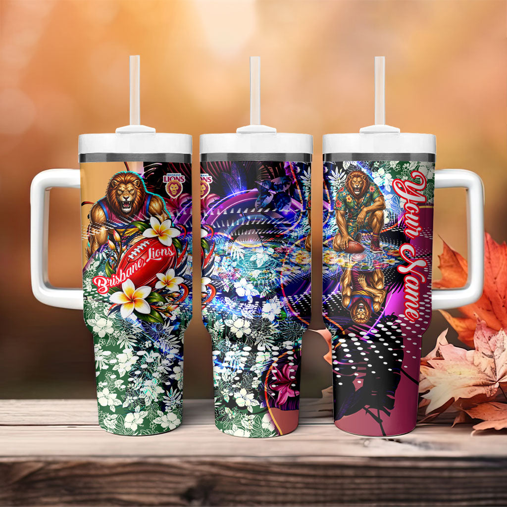 Personalized Brisbane Lions Football Tumbler With Handle Tropical Hibiscus Flowers - Pacific Fusion Style