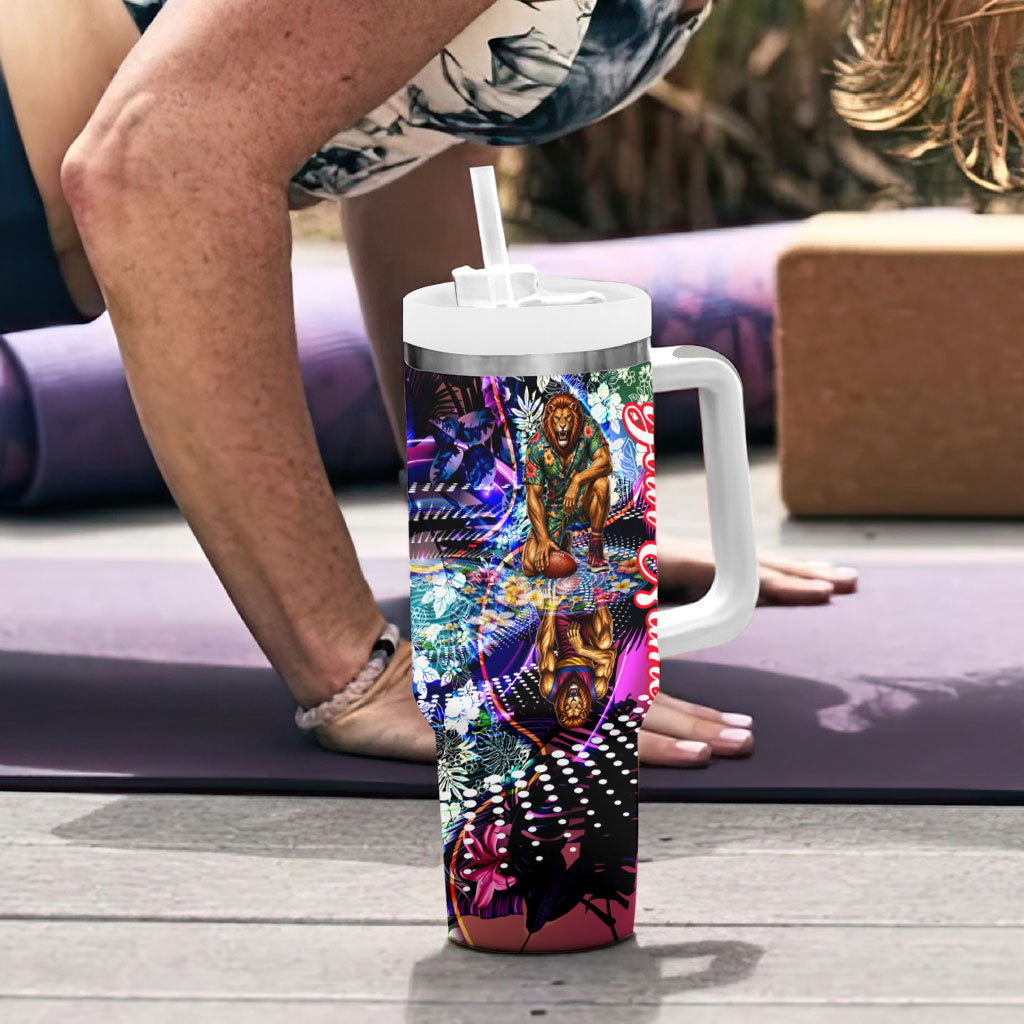 Personalized Brisbane Lions Football Tumbler With Handle Tropical Hibiscus Flowers - Pacific Fusion Style
